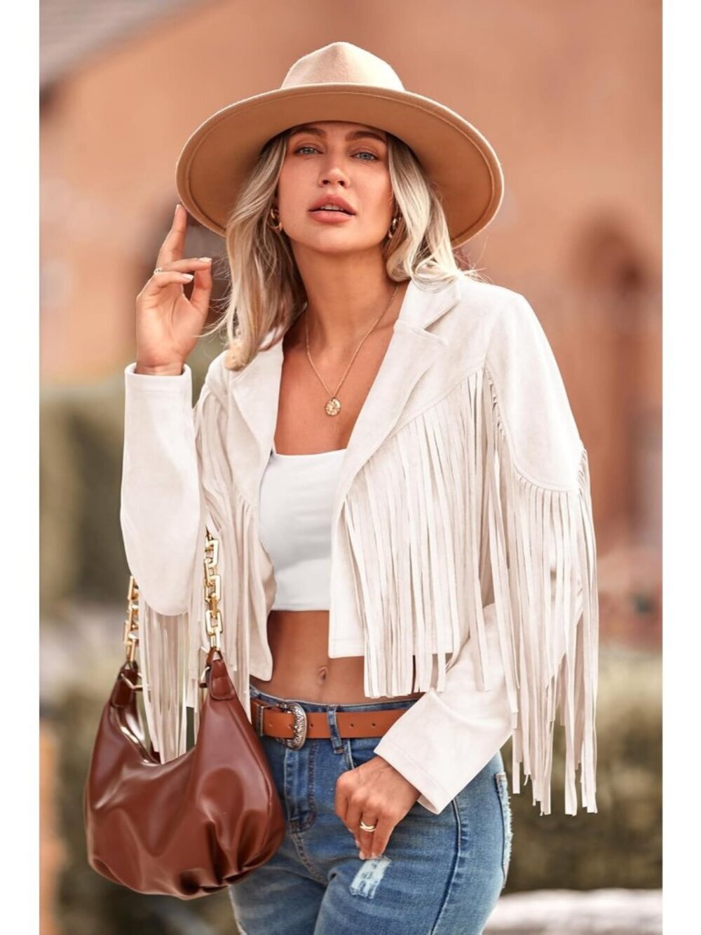 Women's Beige White Polyester Blend Faux Suede Leather Motorcycle Cropped Jacket - Picture 4 of 6